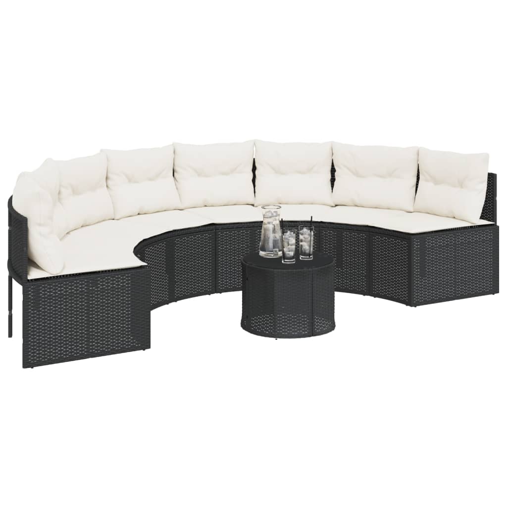 Tuinbank met tafel en kussens halfrond poly rattan zwart