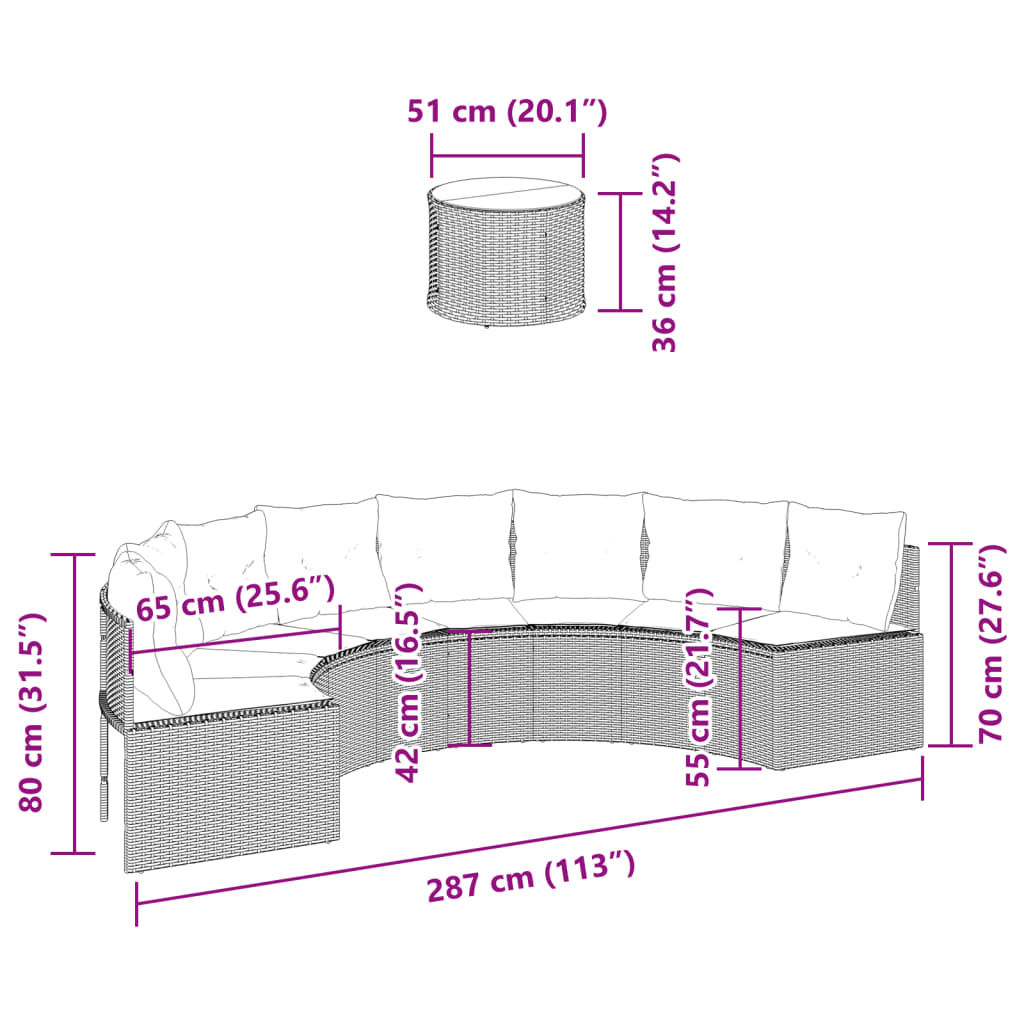 Tuinbank met tafel en kussens halfrond poly rattan zwart