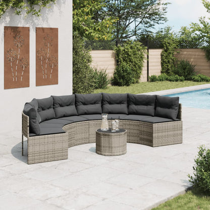 Tuinbank met tafel en kussens halfrond poly rattan grijs