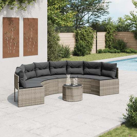 Tuinbank met tafel en kussens halfrond poly rattan grijs