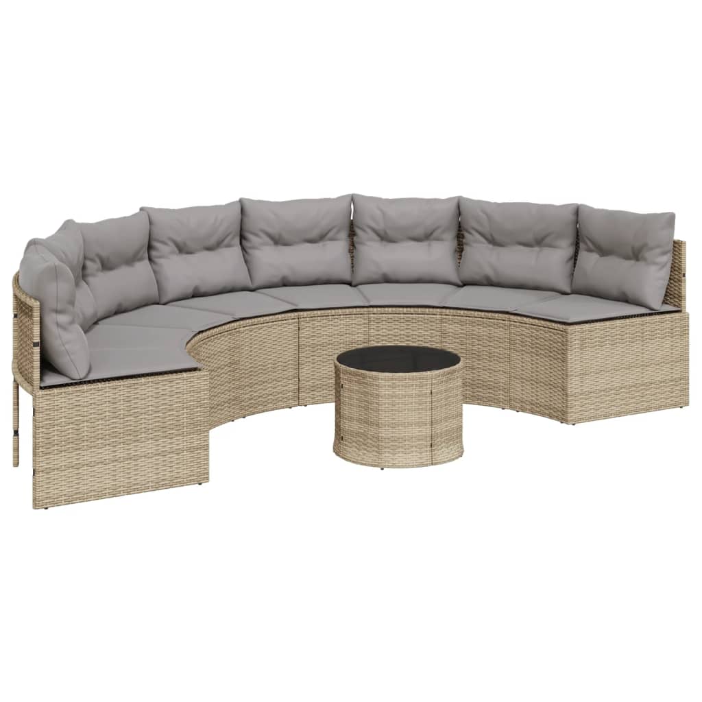 Tuinbank met tafel en kussens halfrond poly rattan beige