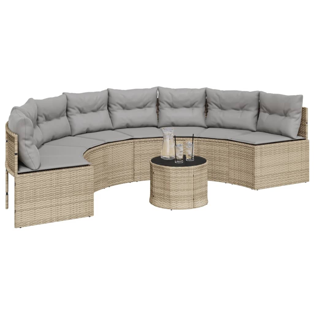 Tuinbank met tafel en kussens halfrond poly rattan beige
