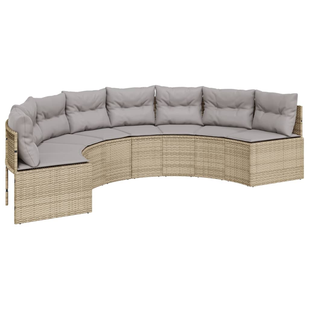 Tuinbank met tafel en kussens halfrond poly rattan beige