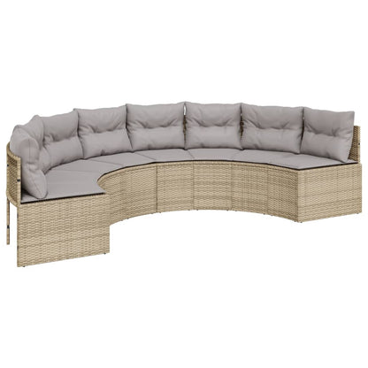 Tuinbank met tafel en kussens halfrond poly rattan beige