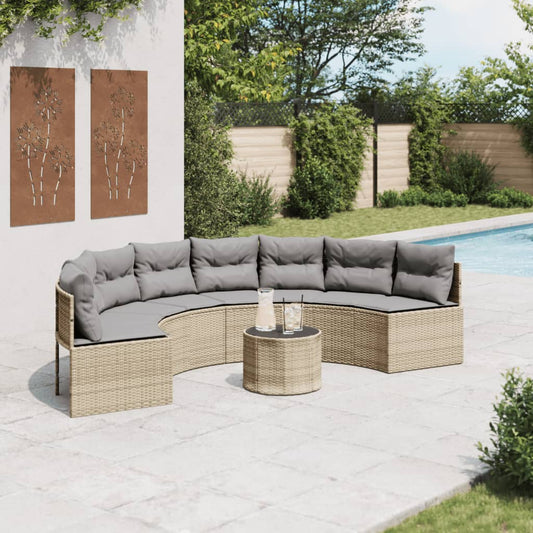 Tuinbank met tafel en kussens halfrond poly rattan beige