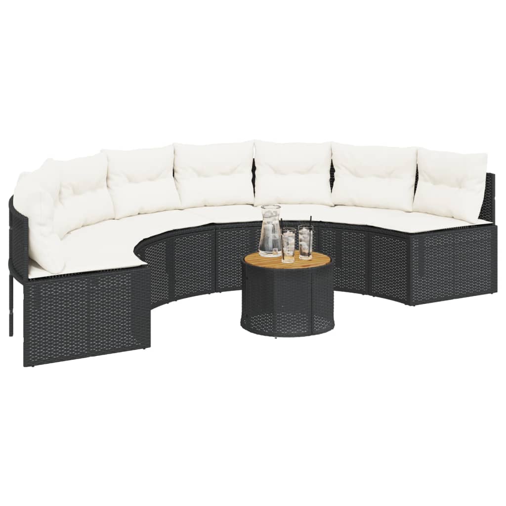 Tuinbank met tafel en kussens halfrond poly rattan zwart