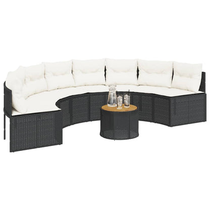 Tuinbank met tafel en kussens halfrond poly rattan zwart