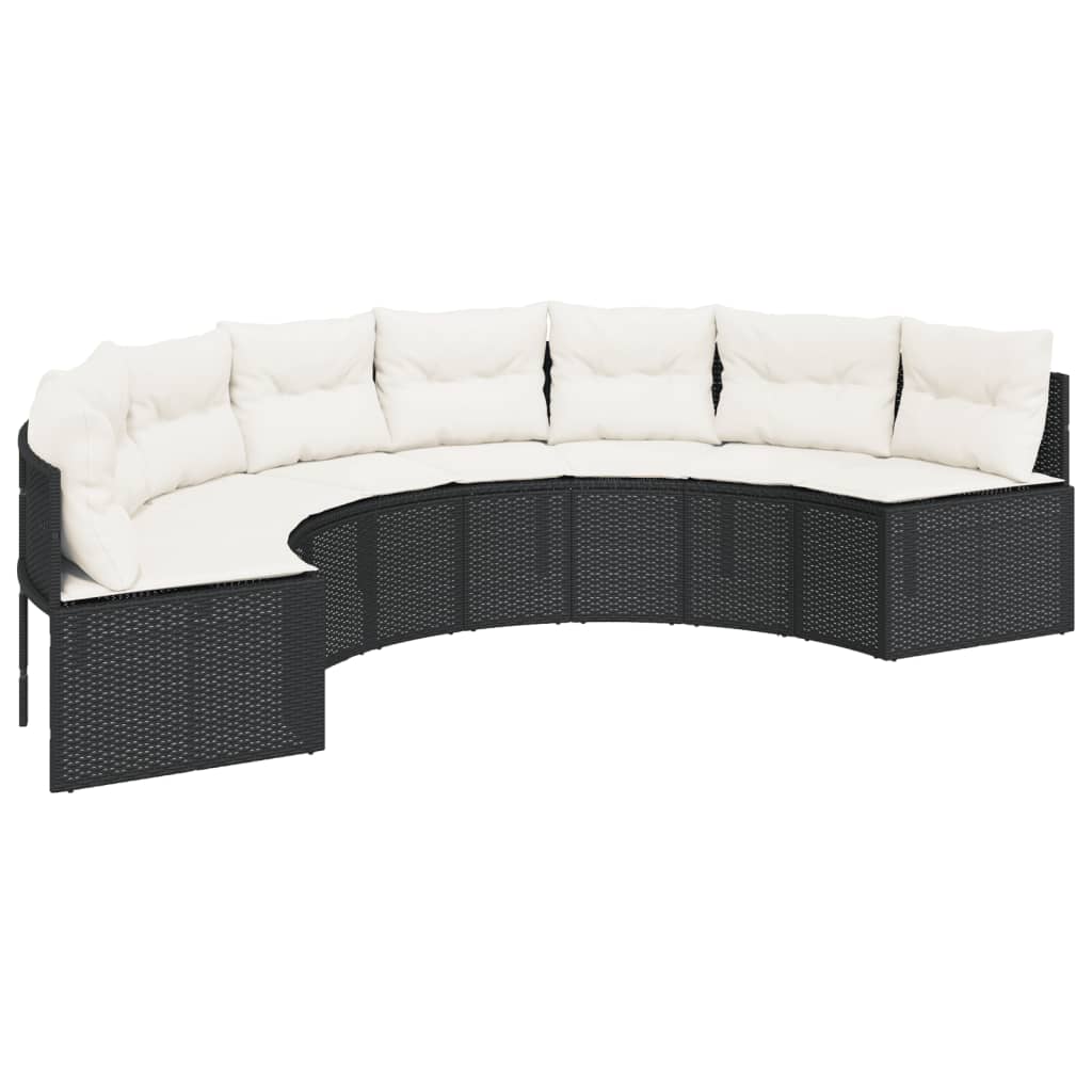 Tuinbank met tafel en kussens halfrond poly rattan zwart
