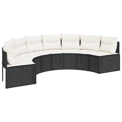 Tuinbank met tafel en kussens halfrond poly rattan zwart