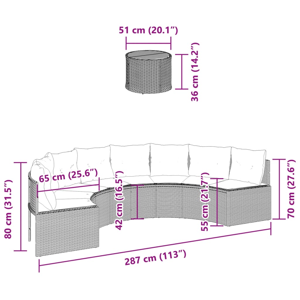 Tuinbank met tafel en kussens halfrond poly rattan zwart