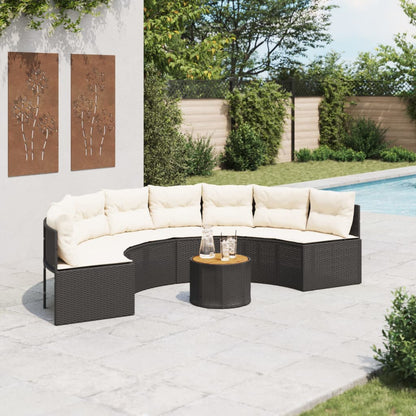 Tuinbank met tafel en kussens halfrond poly rattan zwart