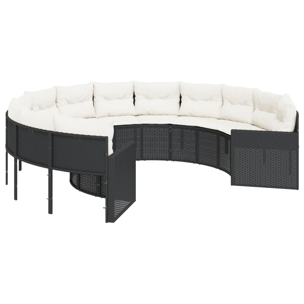 Tuinbank met kussens rond poly rattan zwart