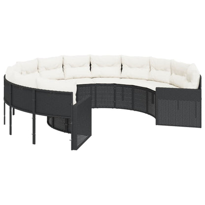 Tuinbank met kussens rond poly rattan zwart