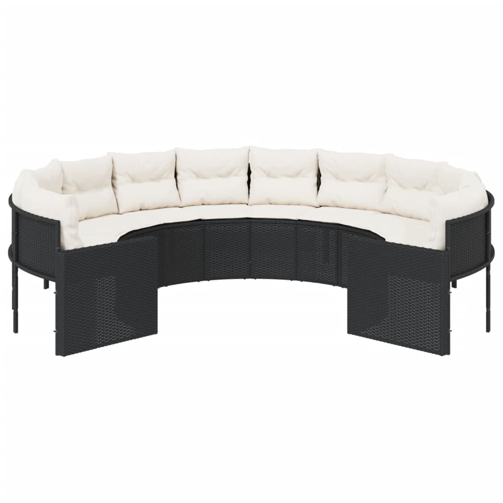Tuinbank met kussens rond poly rattan zwart