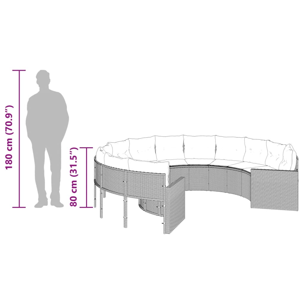 Tuinbank met kussens rond poly rattan zwart