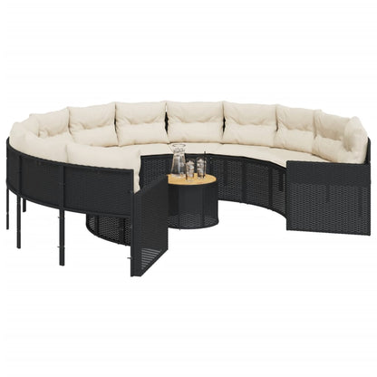 Tuinbank met tafel en kussens rond poly rattan zwart
