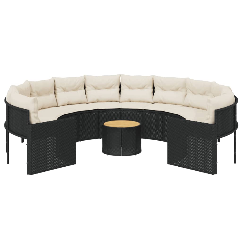 Tuinbank met tafel en kussens rond poly rattan zwart
