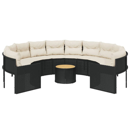 Tuinbank met tafel en kussens rond poly rattan zwart