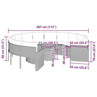 Tuinbank met tafel en kussens rond poly rattan zwart