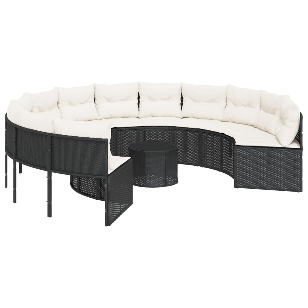 Tuinbank met tafel en kussens rond poly rattan zwart