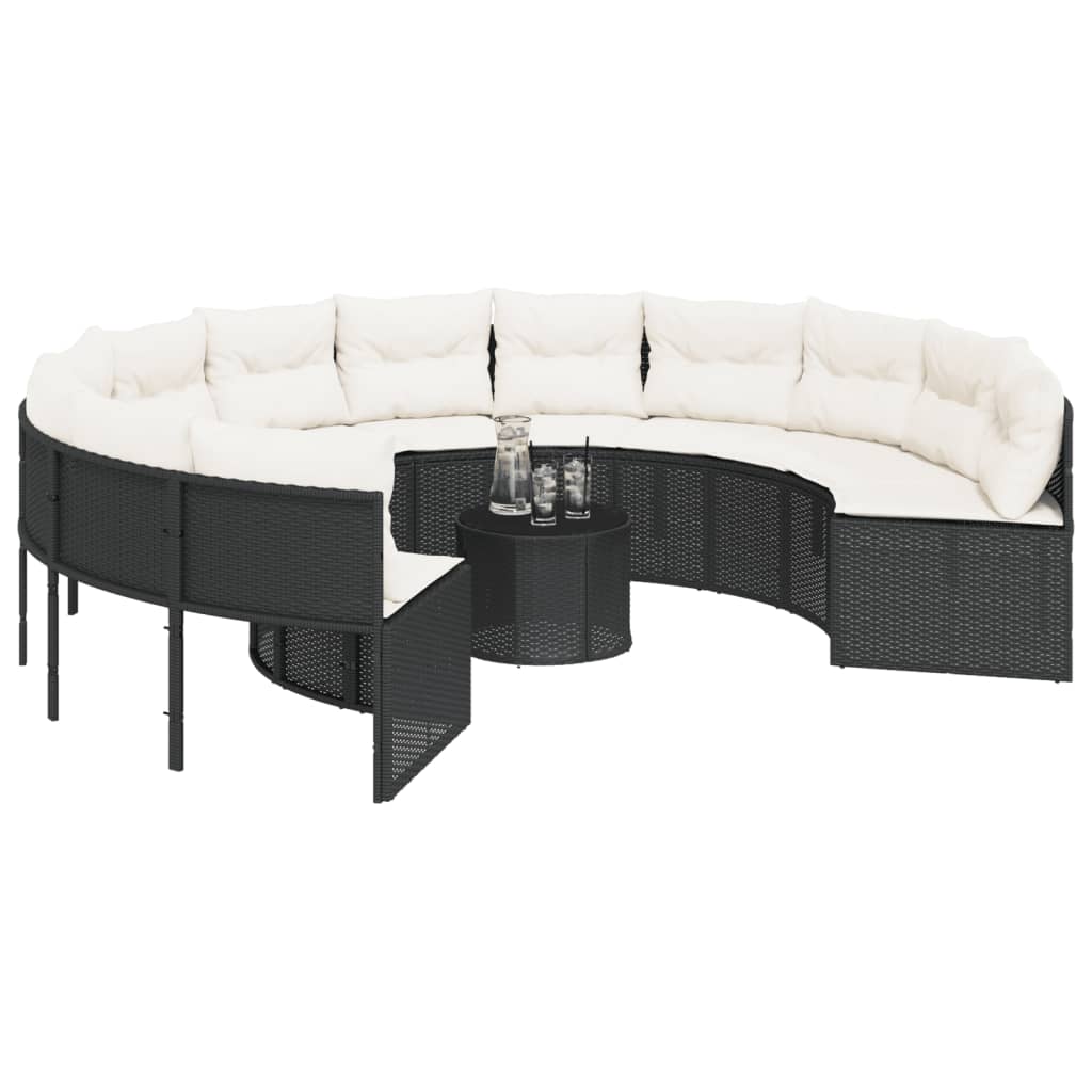 Tuinbank met tafel en kussens rond poly rattan zwart
