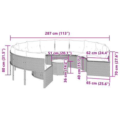 Tuinbank met tafel en kussens rond poly rattan zwart