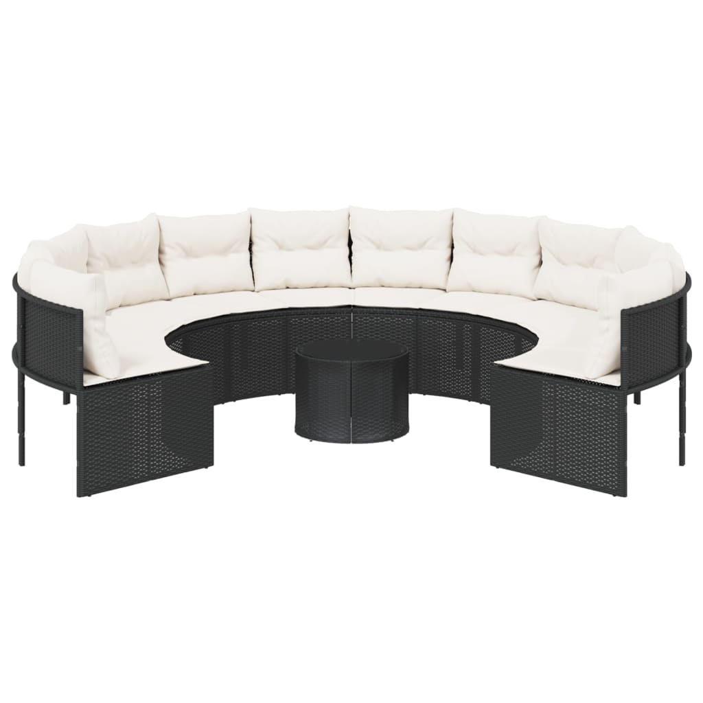 Tuinbank met tafel en kussens rond poly rattan zwart