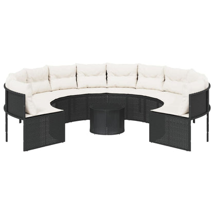 Tuinbank met tafel en kussens rond poly rattan zwart