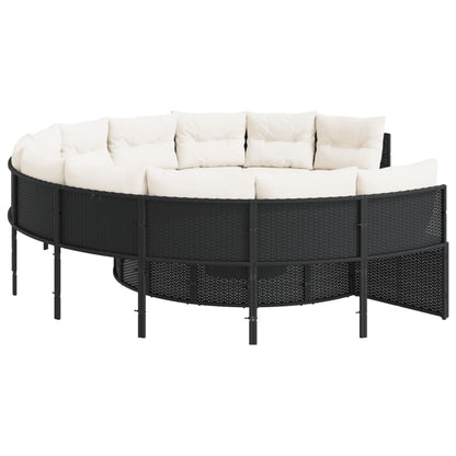 Tuinbank met tafel en kussens rond poly rattan zwart