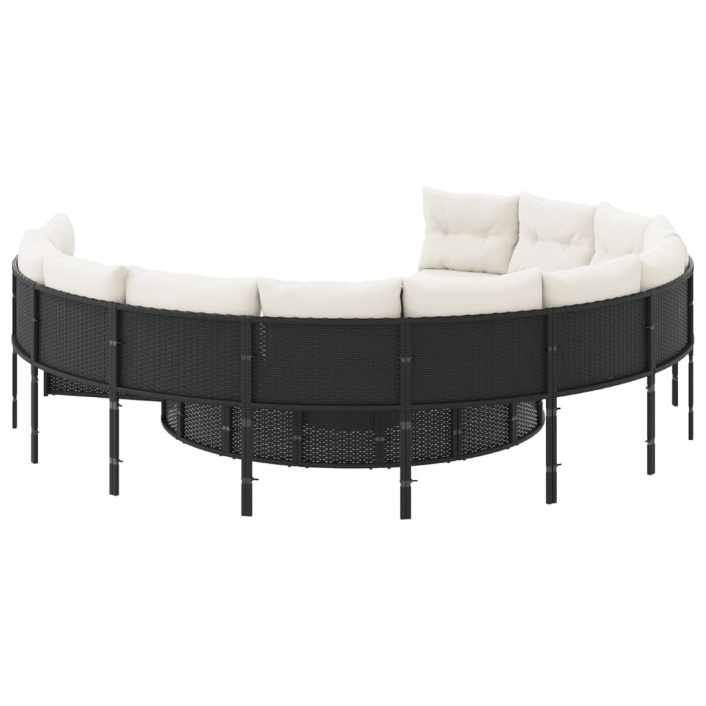 Tuinbank met tafel en kussens rond poly rattan zwart