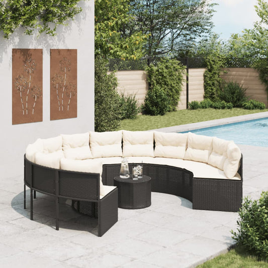Tuinbank met tafel en kussens rond poly rattan zwart
