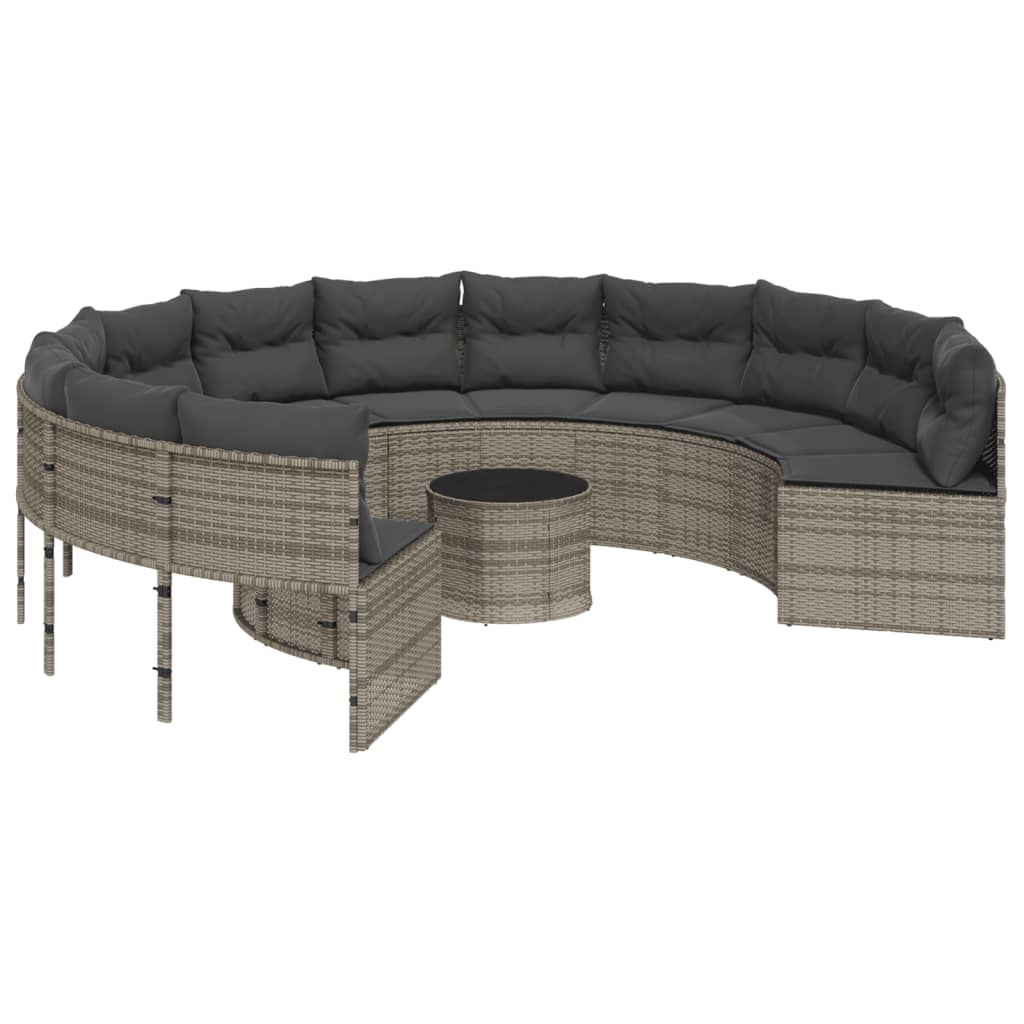 Tuinbank met tafel en kussens rond poly rattan grijs