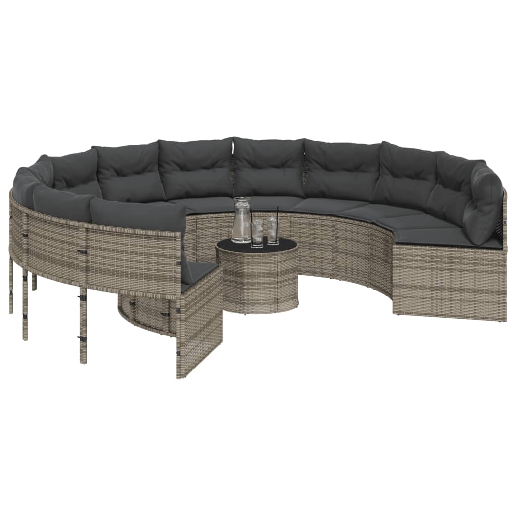 Tuinbank met tafel en kussens rond poly rattan grijs