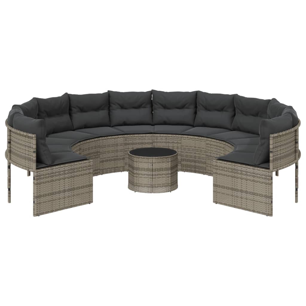 Tuinbank met tafel en kussens rond poly rattan grijs