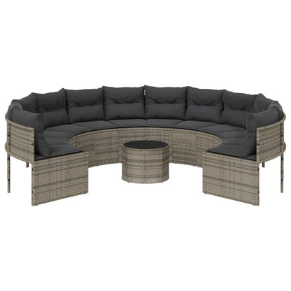 Tuinbank met tafel en kussens rond poly rattan grijs