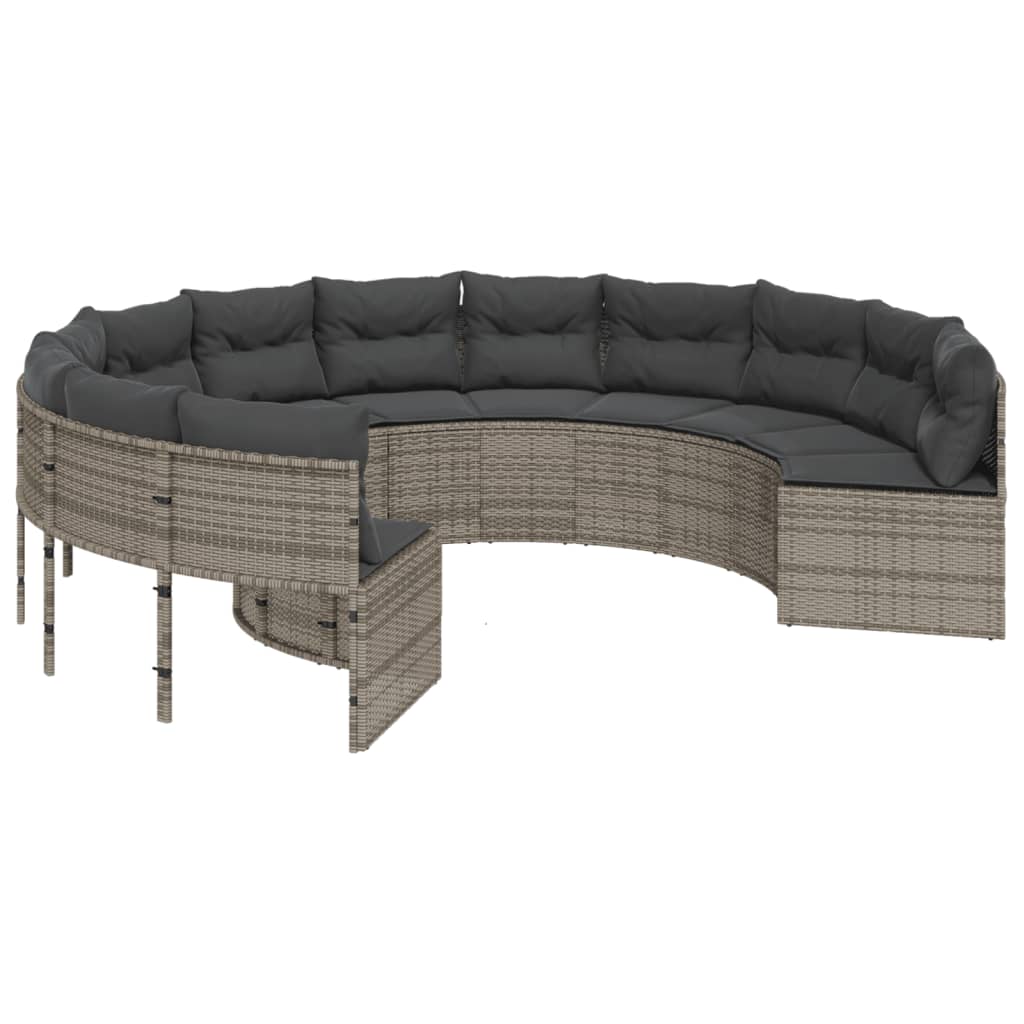 Tuinbank met tafel en kussens rond poly rattan grijs