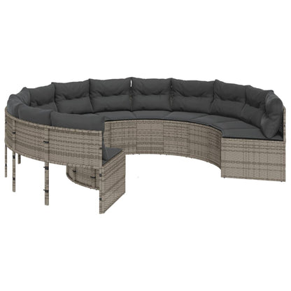 Tuinbank met tafel en kussens rond poly rattan grijs