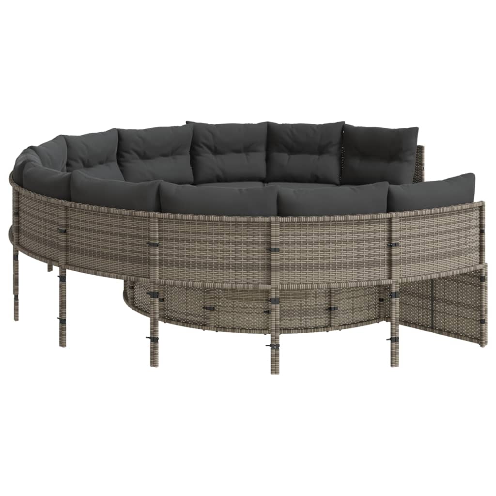 Tuinbank met tafel en kussens rond poly rattan grijs