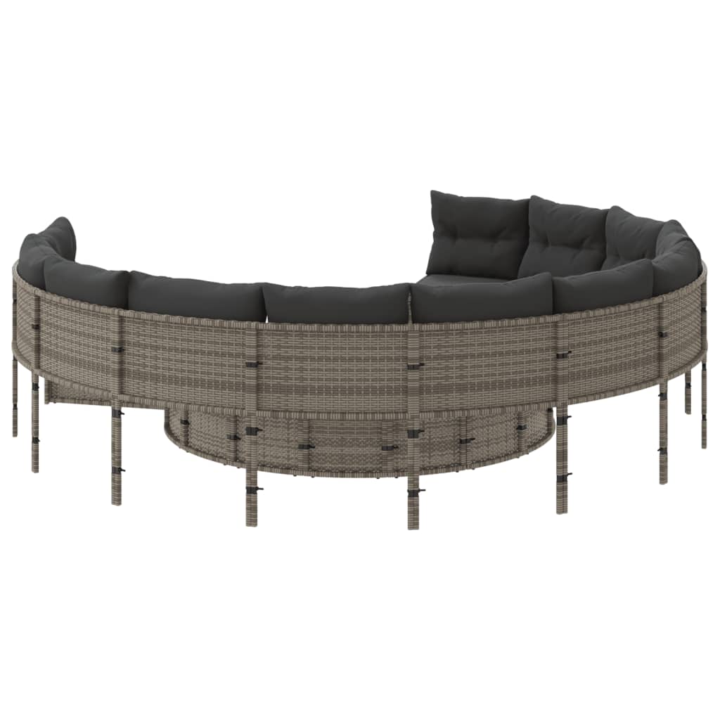 Tuinbank met tafel en kussens rond poly rattan grijs