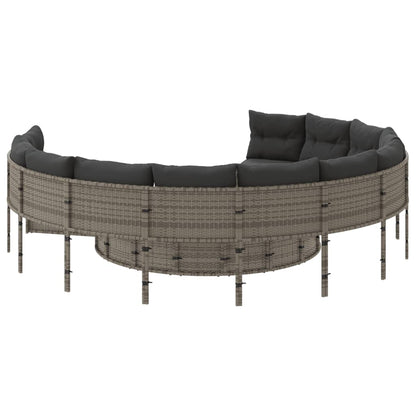 Tuinbank met tafel en kussens rond poly rattan grijs