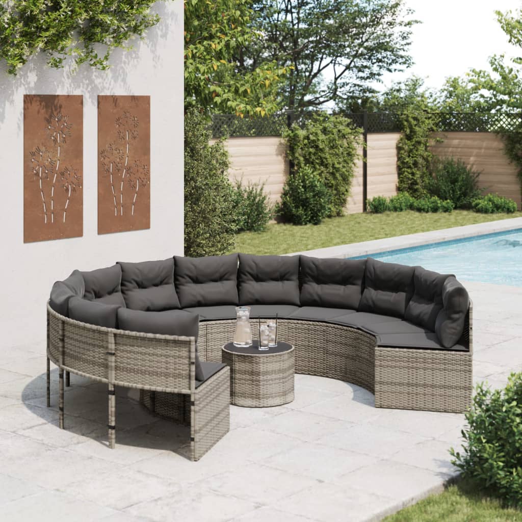 Tuinbank met tafel en kussens rond poly rattan grijs