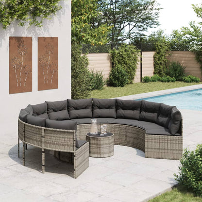 Tuinbank met tafel en kussens rond poly rattan grijs
