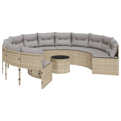 Tuinbank met tafel en kussens rond poly rattan beige