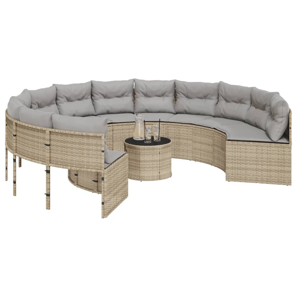 Tuinbank met tafel en kussens rond poly rattan beige