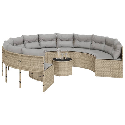 Tuinbank met tafel en kussens rond poly rattan beige