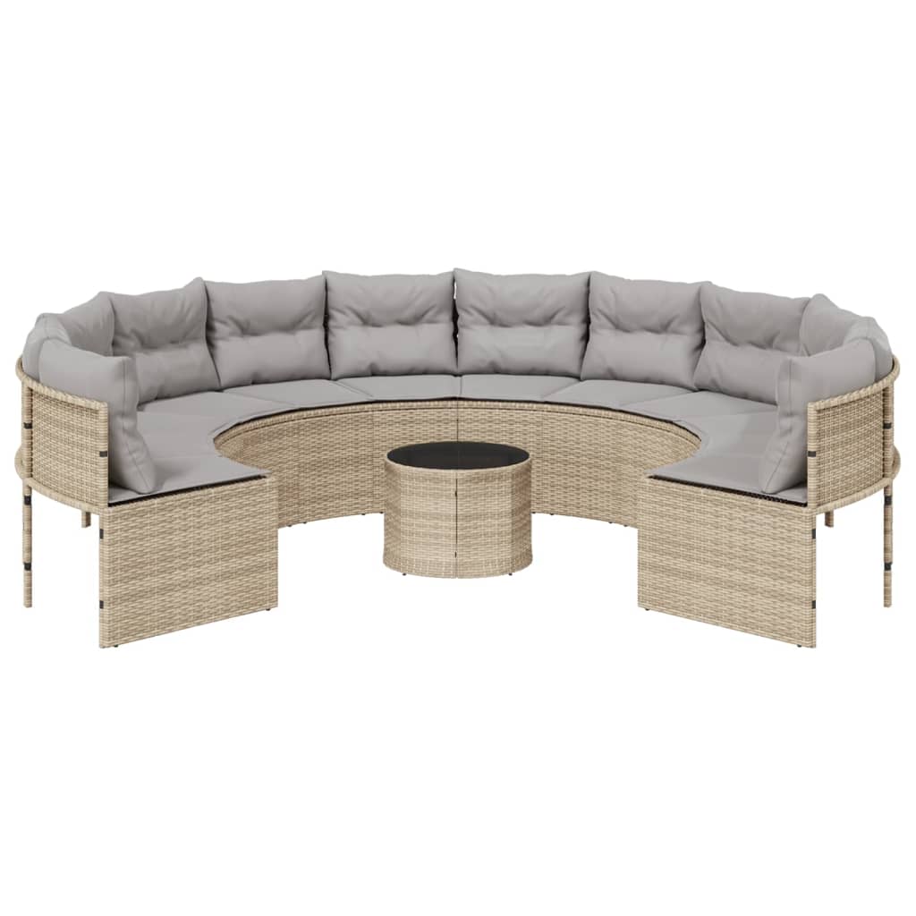 Tuinbank met tafel en kussens rond poly rattan beige