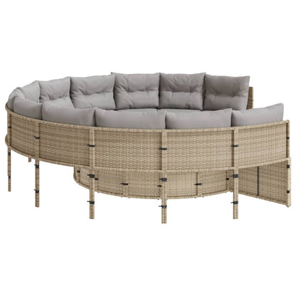 Tuinbank met tafel en kussens rond poly rattan beige