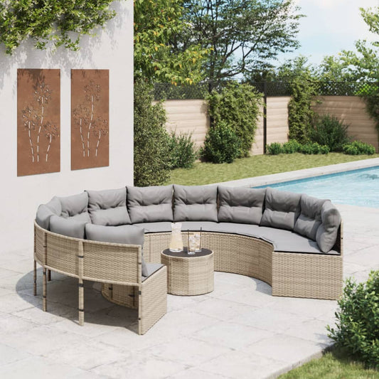 Tuinbank met tafel en kussens rond poly rattan beige