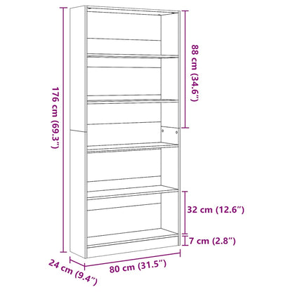 Boekenkast 80x24x176 cm bewerkt hout hoogglans wit