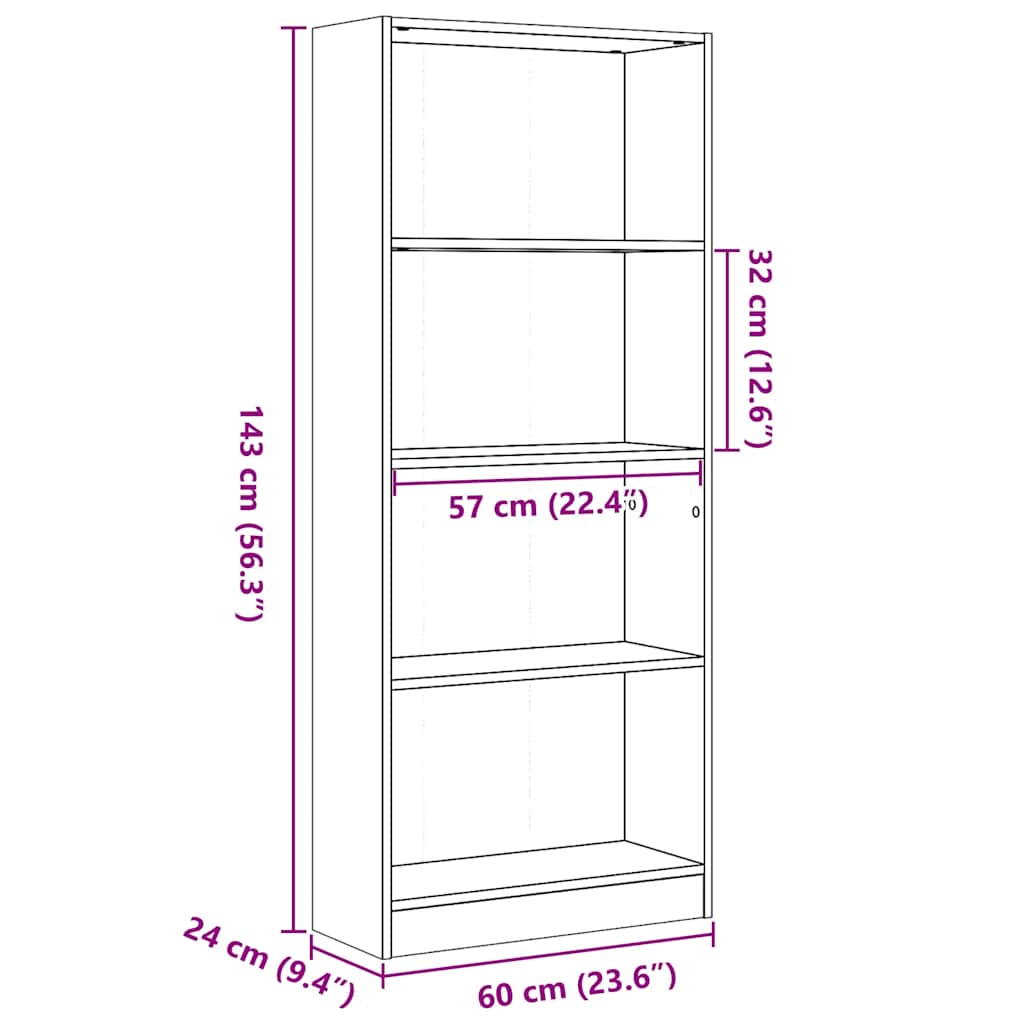 Boekenkast 60x24x143 cm bewerkt hout hoogglans wit